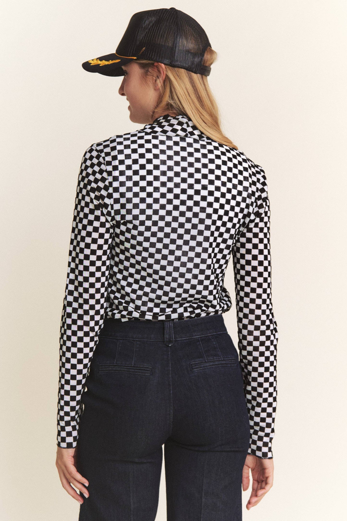 Checkered Mesh Long Sleeve Top