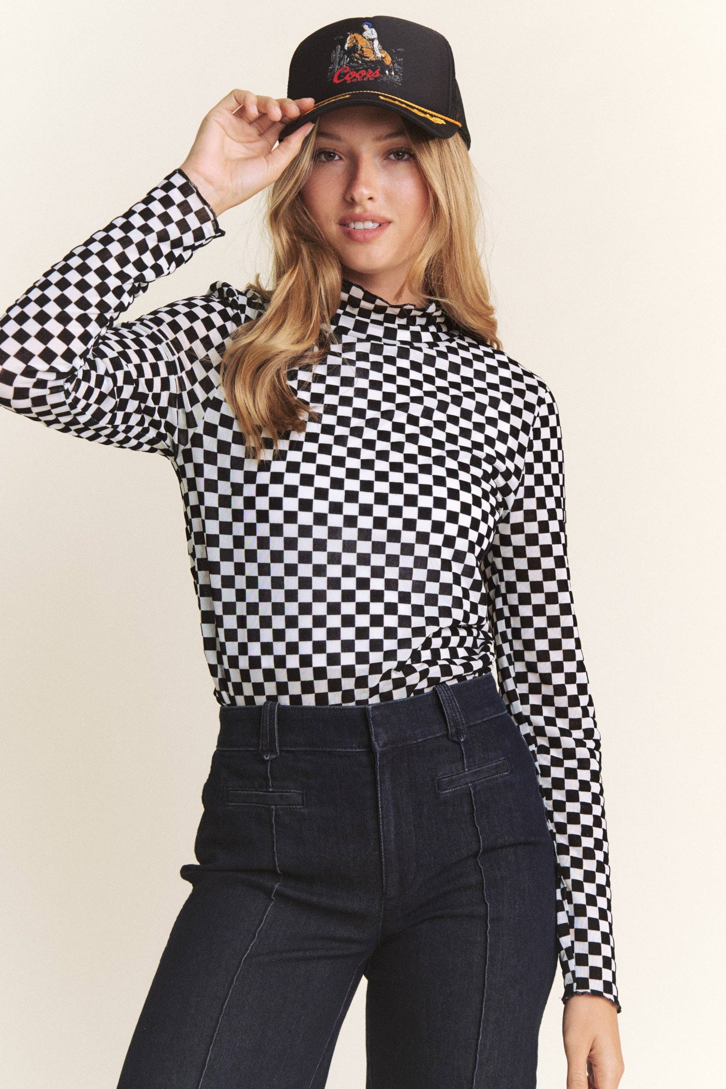 Checkered Mesh Long Sleeve Top