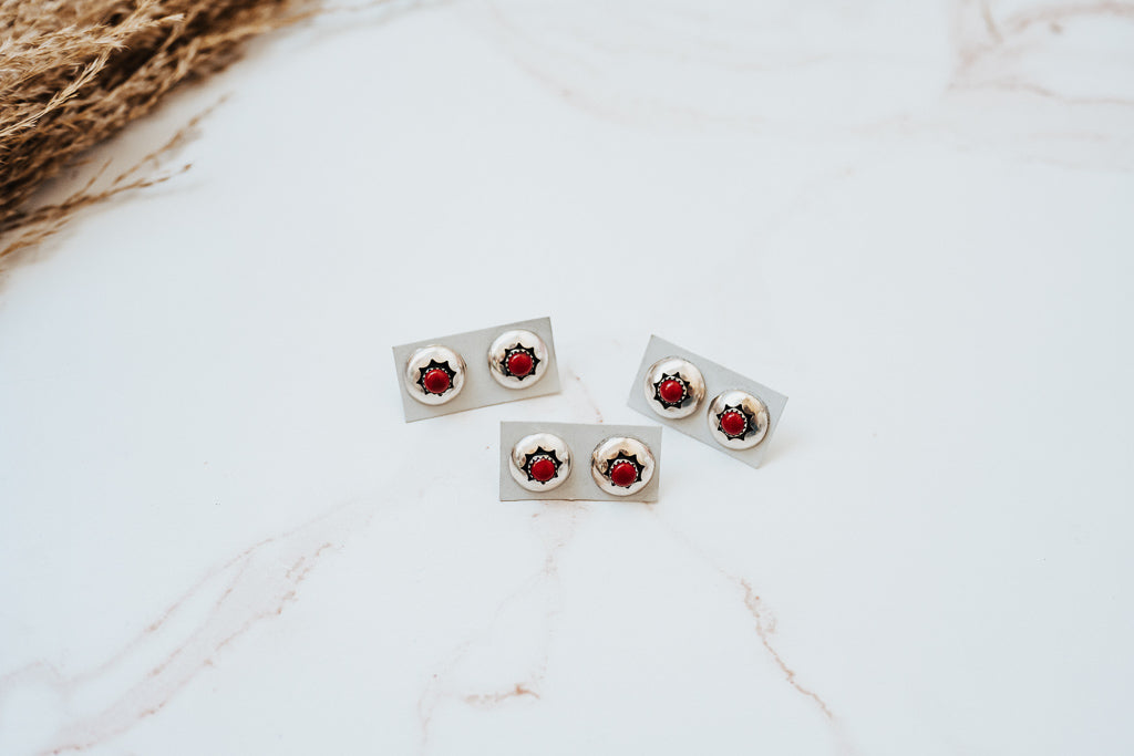 Navajo Red Coral Shadow Box Stud Earrings